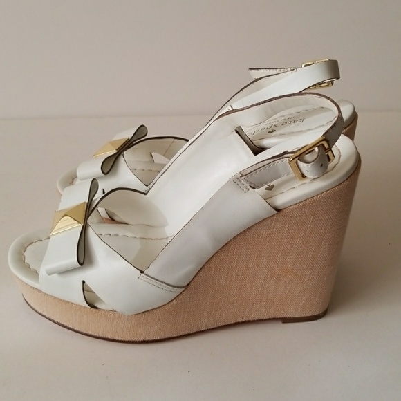 Kate Spade White & Tan Bow Wedges Sz 6.5 - Picture 5 of 8